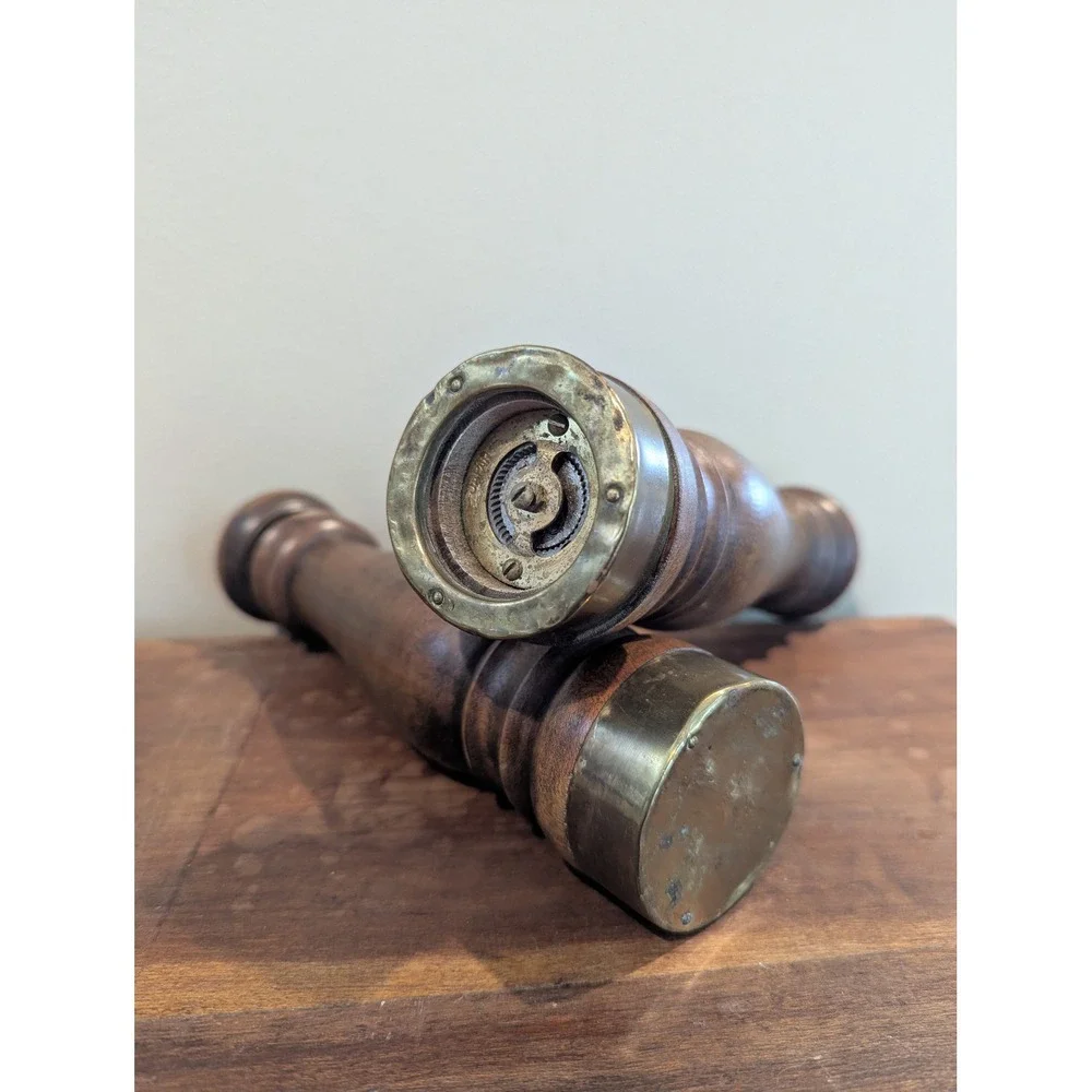 Vintage Wood Salt and Pepper Mill Set Brass Accents Made in Japan Mid Century